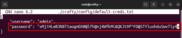 A terminal highlighting the default random password for the Crafty instance.