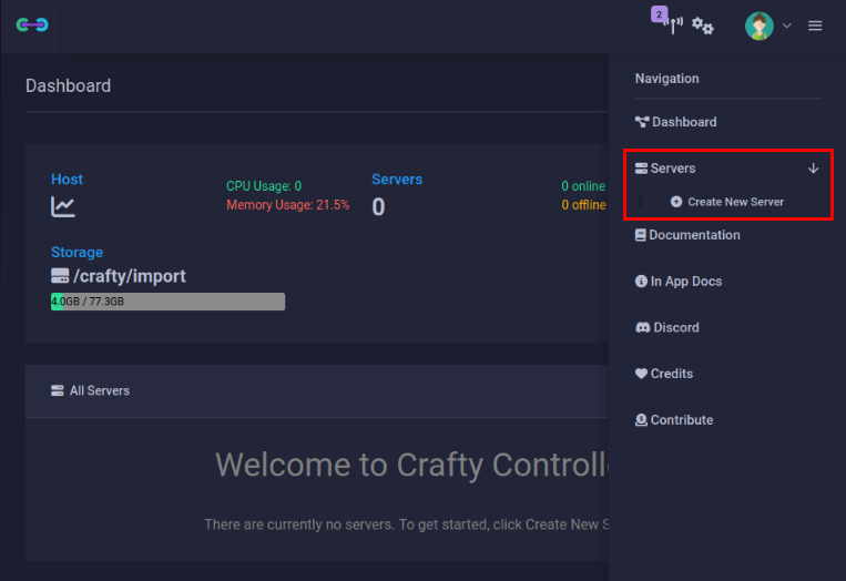 A screenshot highlighting the "Servers" category on the Crafty dashboard.