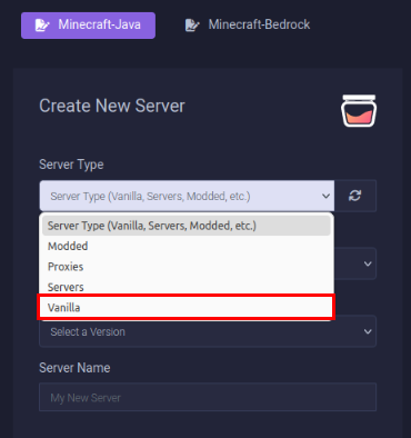 A screenshot highlighting the "Vanilla" option in the "Server Type" dropdown list.