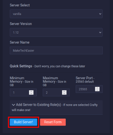 A screenshot highlighting the "Build Server!" button with a modified server name and server version.