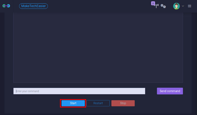 A screenshot highlighting the "Start" button for the custom server instance.