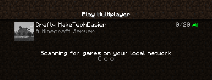 A screenshot showing the Crafty Minecraft server showing up in the server browser.