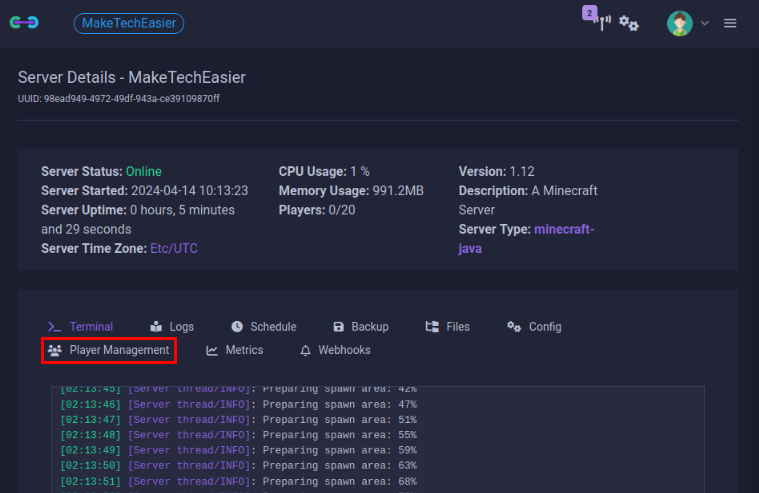 A screenshot highlighting the "Player Management" category on the server's control panel.