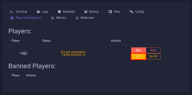 A screenshot highlighting the "OP" button for a player character.