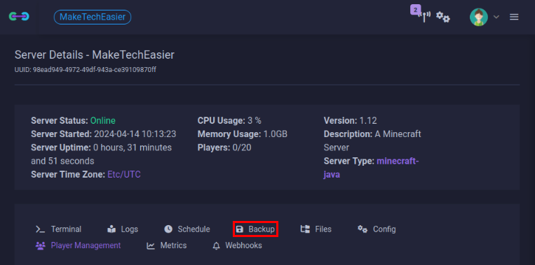 A screenshot highlighting the "Backup" category on the server's control panel.