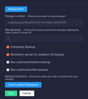 A screenshot showing the backup settings for the custom Crafty Minecraft server.