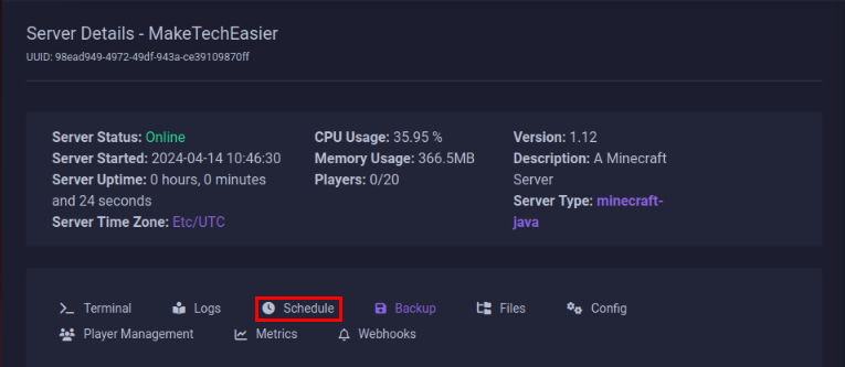 A screenshot highlighting the "Schedule" category on the server's control panel.