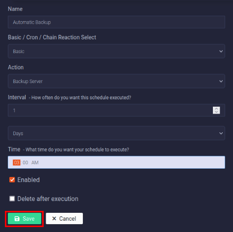 A screenshot showing a complete custom scheduled task for backups in Crafty.