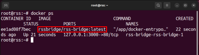A terminal showing the RSS-Bridge Docker container running properly.