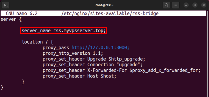 A terminal highlighting the "server_name" variable in Nginx.