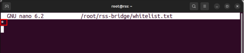 A terminal highlighting the whitelist asterisk that enables all generator modules for the RSS-Bridge instance.