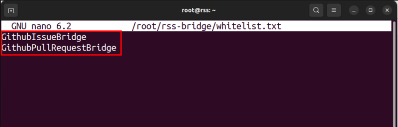A terminal showing the custom generators inside the whitelist.txt file.