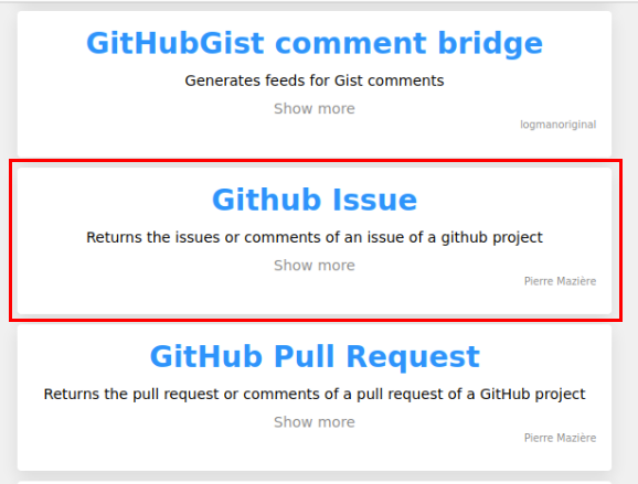 A screenshot highlighting the Github Issue custom RSS feed generator.