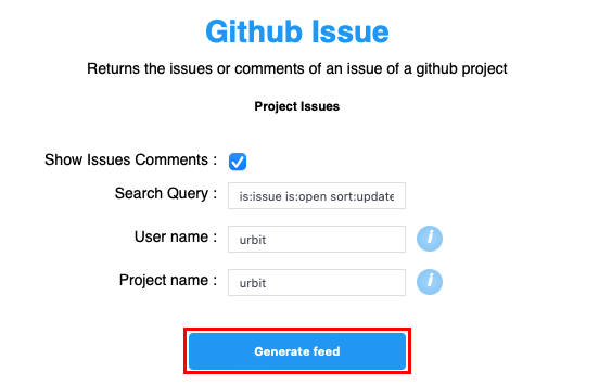 A screenshot showing the customization details for the Github Issue feed generator.