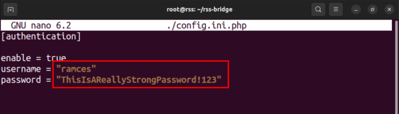 A terminal showing a custom username and password for the instance.