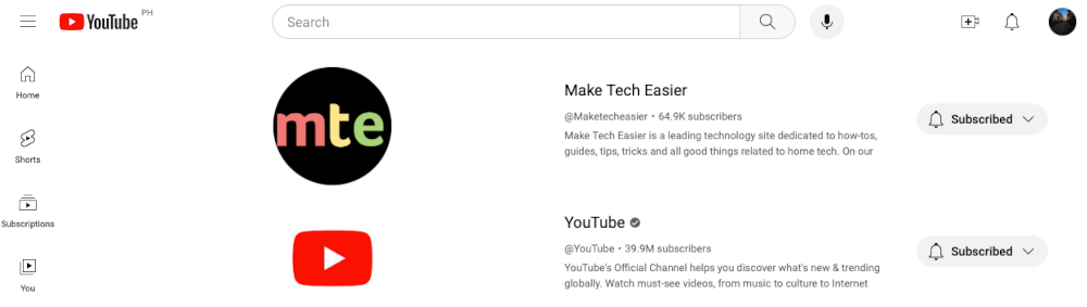 A screenshot of an example YouTube subscriptions page.