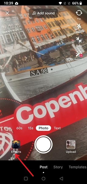 Tapping on Effects option in TikTok app.