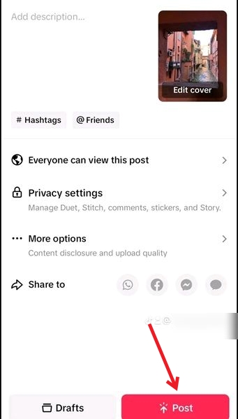 Posting video slideshow on TikTok profile in app.
