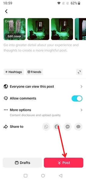 Posting screen view for slideshow in TikTok app. 