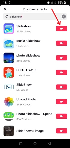 Finding Slideshow effect in TikTok app.
