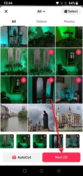 Selecting images from gallery to create slideshow in TikTok app. 