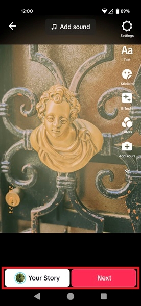 Pressing Next to go to posting screen for template slideshow in TikTok app.