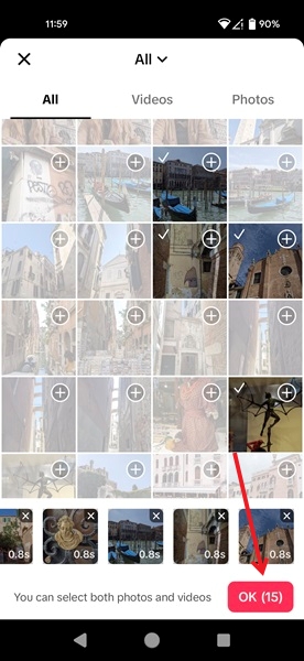 Tapping OK button after selecting photos for slideshow in templates in TikTok app.