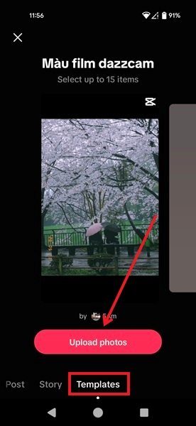 Switching to Templates and finding slideshow options in TikTok app.