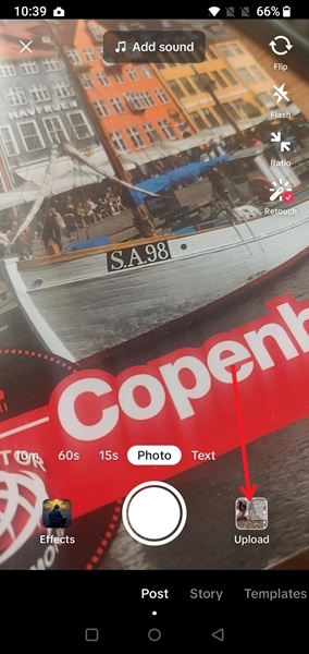 Pressing on Upload button in TikTok app. 