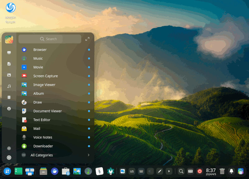 Deepin's desktop environment with the application menu open