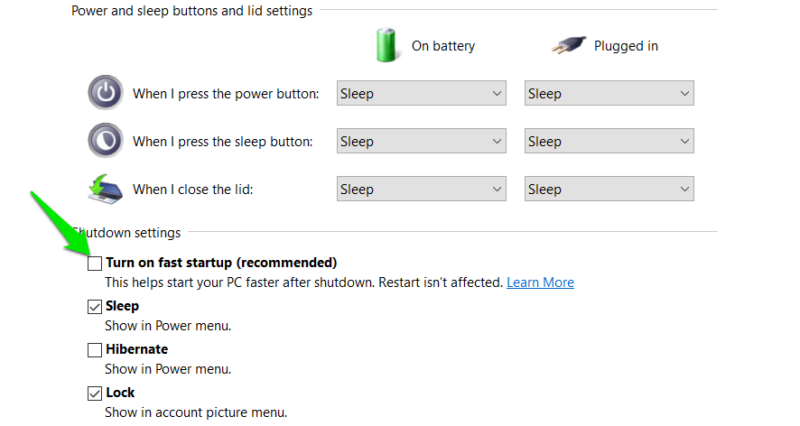 Disable Fast Startup Windows