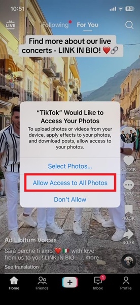 Selecting "Allow Access to All Photos" option in TikTok app for iPhone.