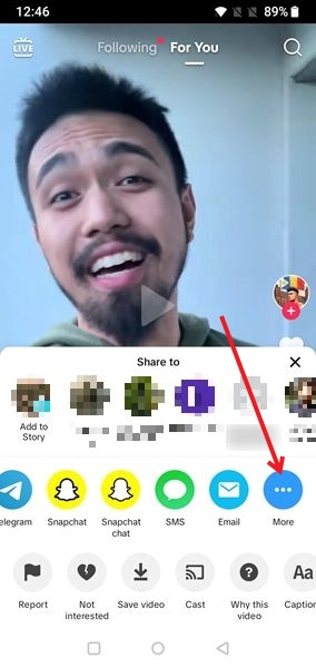 Tapping More option in "Share to" menu in TikTok app.