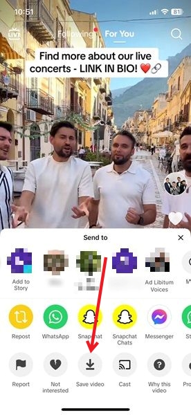 Selecting "Save video" option in TikTok app.