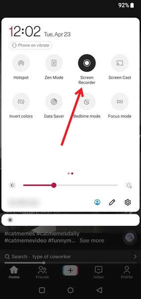 Tapping on Screen Recorder option in Android Quick Settings menu.
