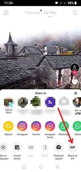 Selecting "Share as GIF" option in TikTok app. 