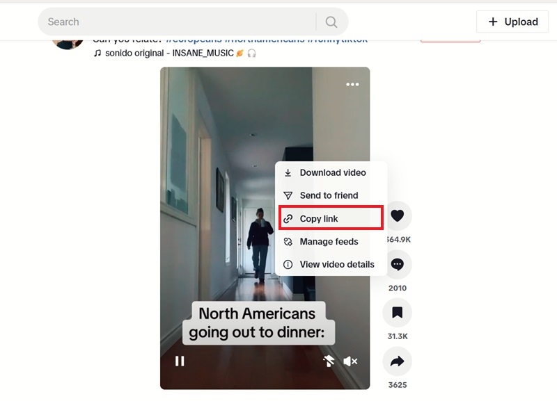 Clicking on "Copy link" option in TikTok on PC. 