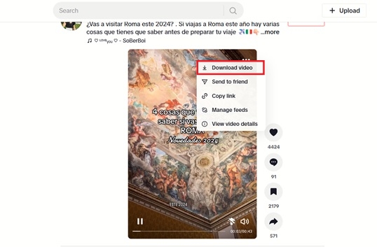 Clicking on "Download video" option in TikTok on PC.