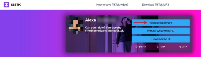 Opting for "Without watermark" button on SSSTikTok website.