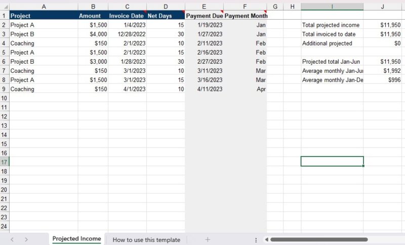 Christy Tucker's Freelance income projection template main tab.
