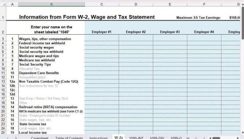 Glenn Reeves' annual federal tax spreadsheet on the W-2 tab.