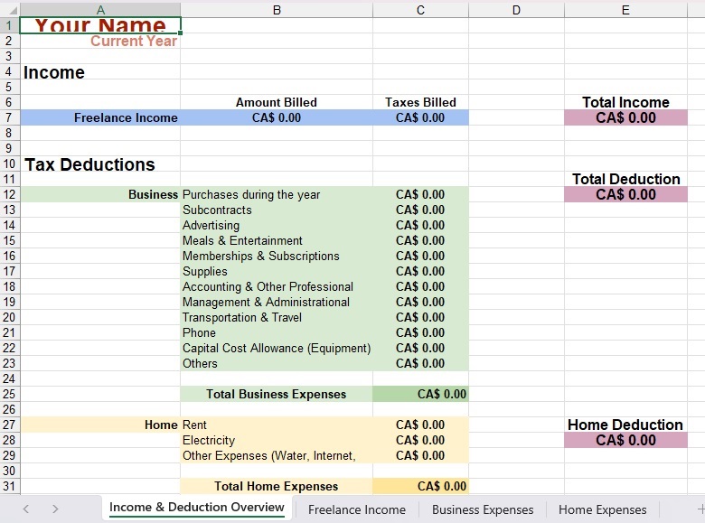 Track all expenses and income in the Freelancers Tax Deductions template.