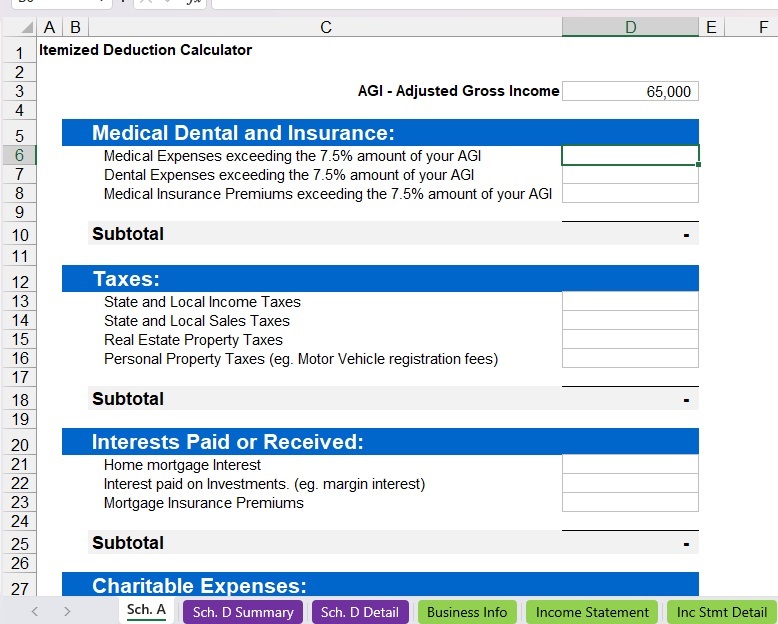 Excel tax template from GoSkills showing the itemized deduction calculator.