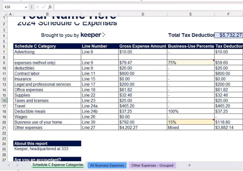 Keeper's tax expense spreadsheet for Schedule C.