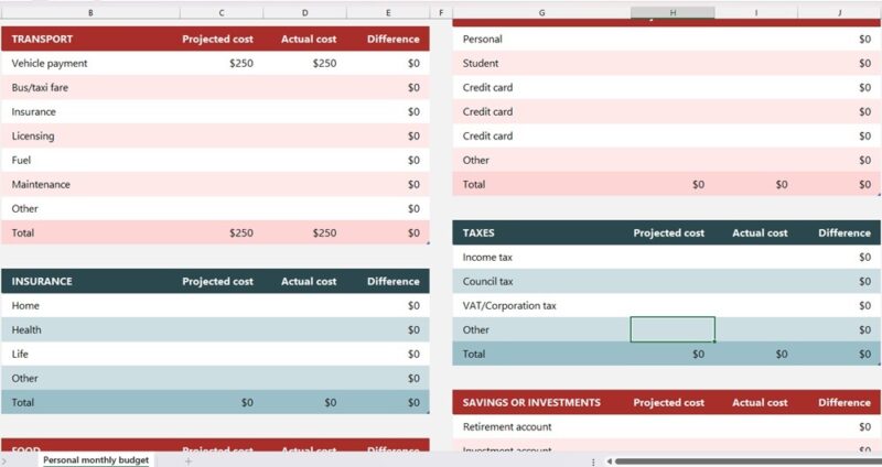 The tax and expense sections of the Personal Monthly budget Excel template.