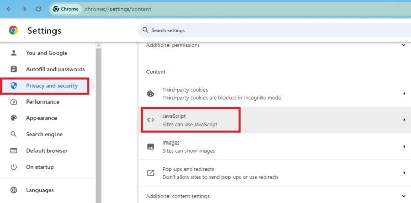 Turning on JavaScript to fix Gmail not working issue.