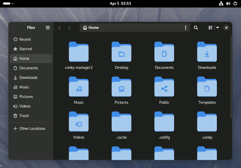 GNOME desktop with a file explorer open in Fedora