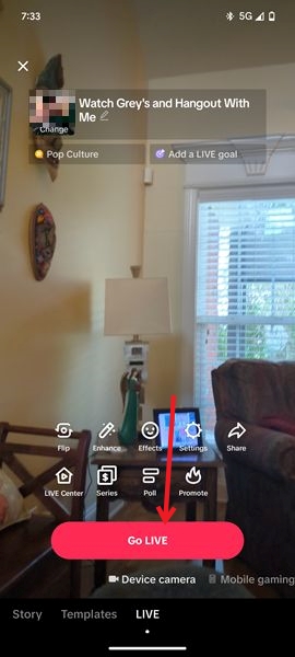 Pressing on "Go Live" button in TikTok app. 