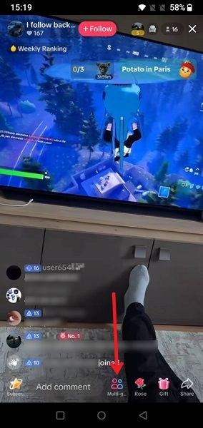 Clicking Multi-guest request button to join live as co-host in TikTok app. 