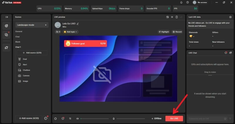 Pressing Go LIVE button in TikTok LIVE Studio on PC.